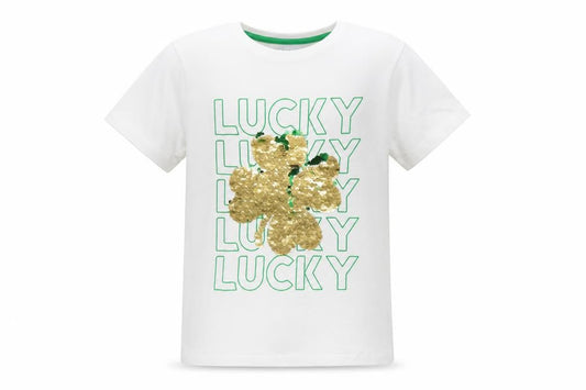 Front view of Primark girls’ white sequin lucky clover t-shirt 7-8 years