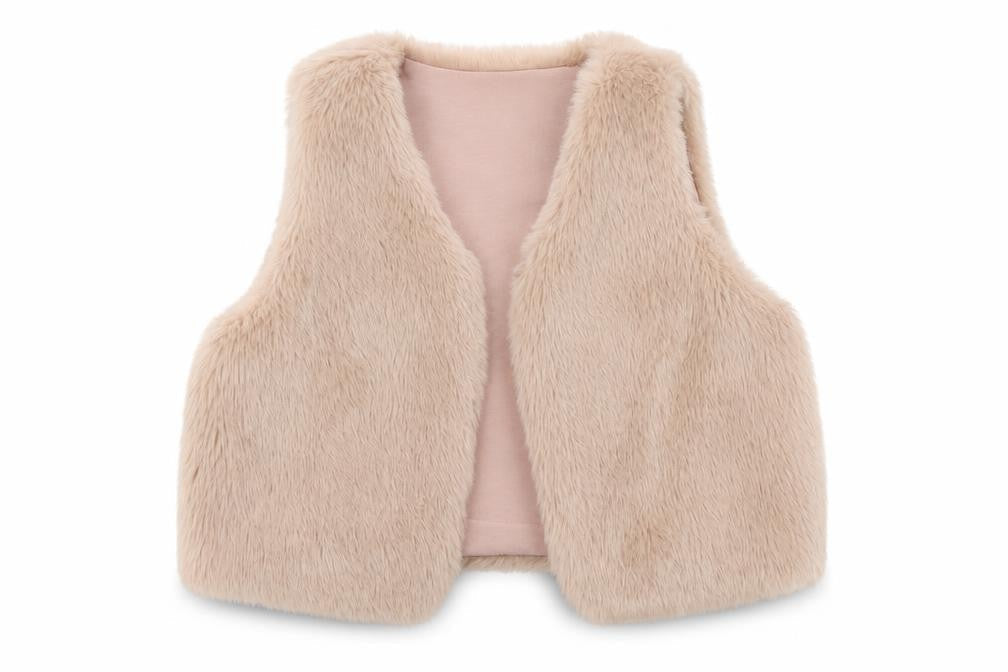 Front view of Next girls’ beige faux fur lined waistcoat 3-4 years soft winter gilet