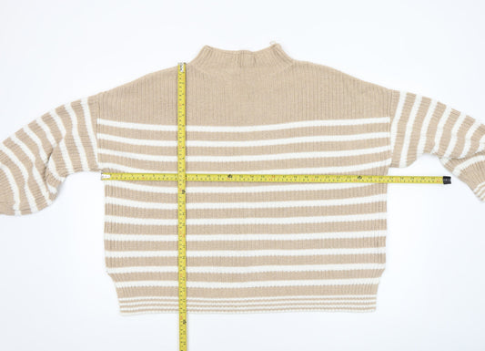 Cupcakes and Cashmere Women's Beige Striped Cotton Mock Neck Jumper L