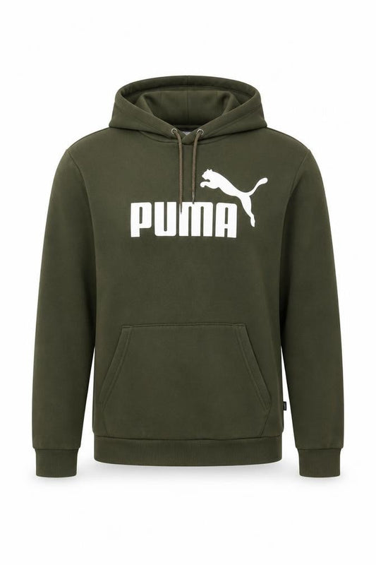 Front view of Puma Men’s Green Pullover Hoodie, size S, Fleece Logo Sweatshirt