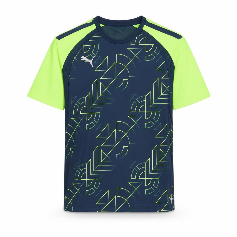 Front view of Puma boys’ blue geometric sports t-shirt 11-12 years lightweight quick dry