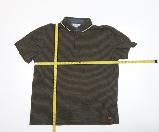Pilot Men’s Green Striped Cotton Polo Shirt XL Regular Fit