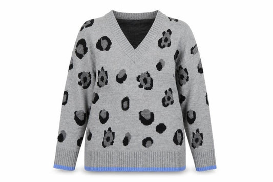 Fig & Basil Women's Grey Animal Print V-Neck Knit Jumper Size 12-14