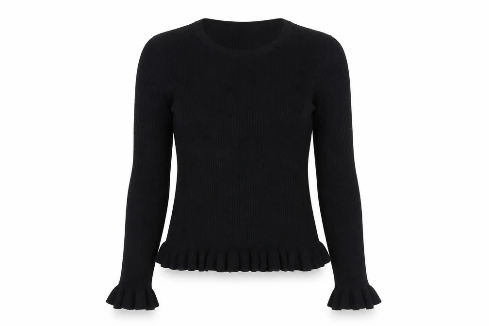 Front view of Miss Selfridge Women's Black Ruffle Trim Crew Neck Jumper, size 14
