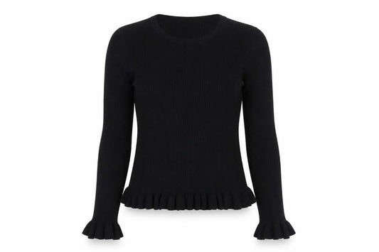 Front view of Miss Selfridge Women's Black Ruffle Trim Crew Neck Jumper, size 14
