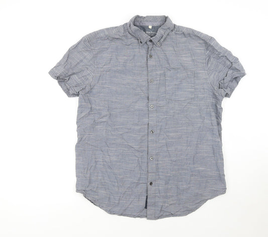 RJR John Rocha Men's Blue Cotton Short Sleeve Button-Up Shirt L