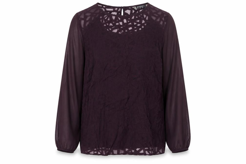 Front view of Principles by Ben de Lisi women’s purple chiffon long sleeve blouse, size UK 20
