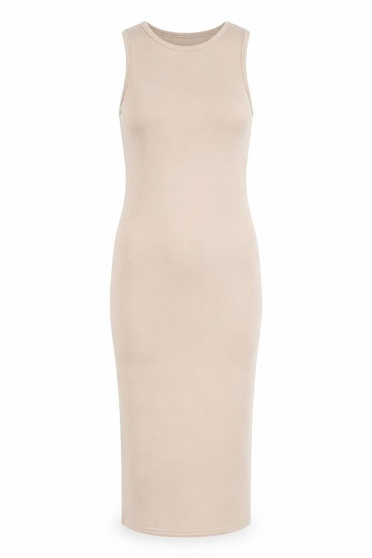 Front view of I Saw It First Women’s Beige Sleeveless Bodycon Midi Dress, size UK 8