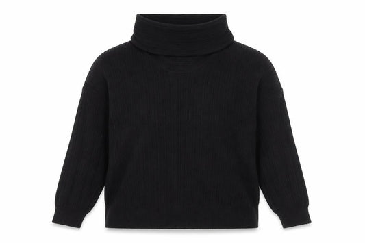 Front view of Gallery women’s black cowl neck ribbed knit jumper, size S