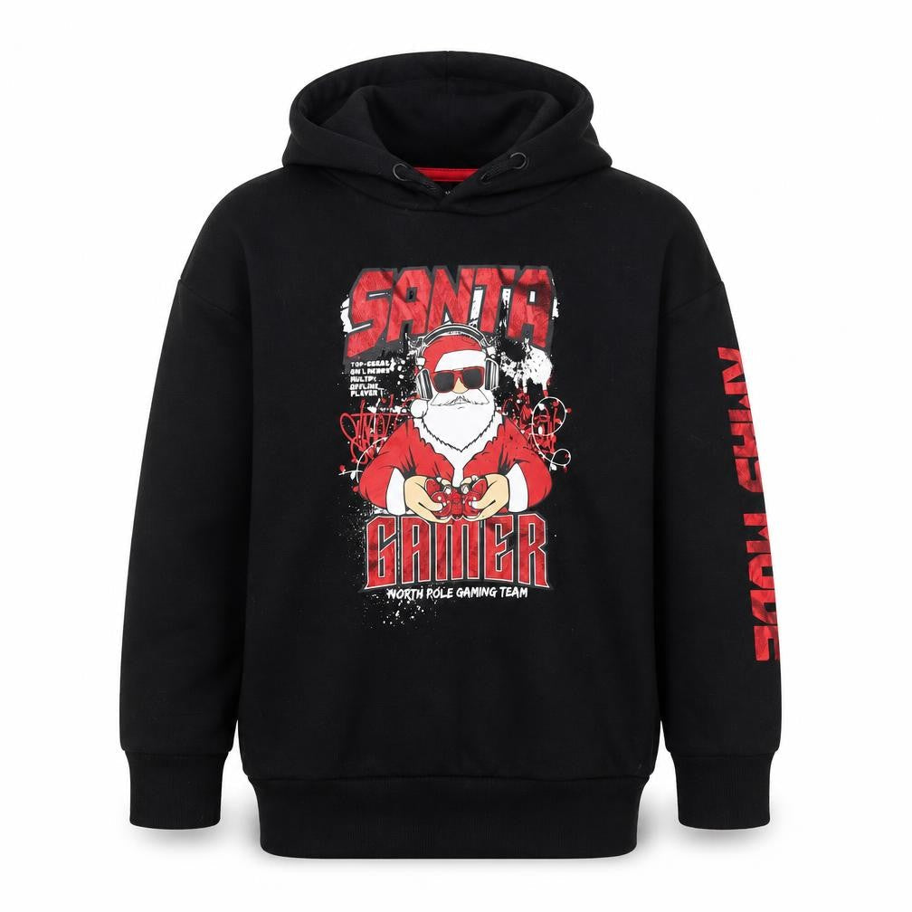 Front view of Primark boys’ black santa gamer christmas hoodie 7-8 years pullover fleece