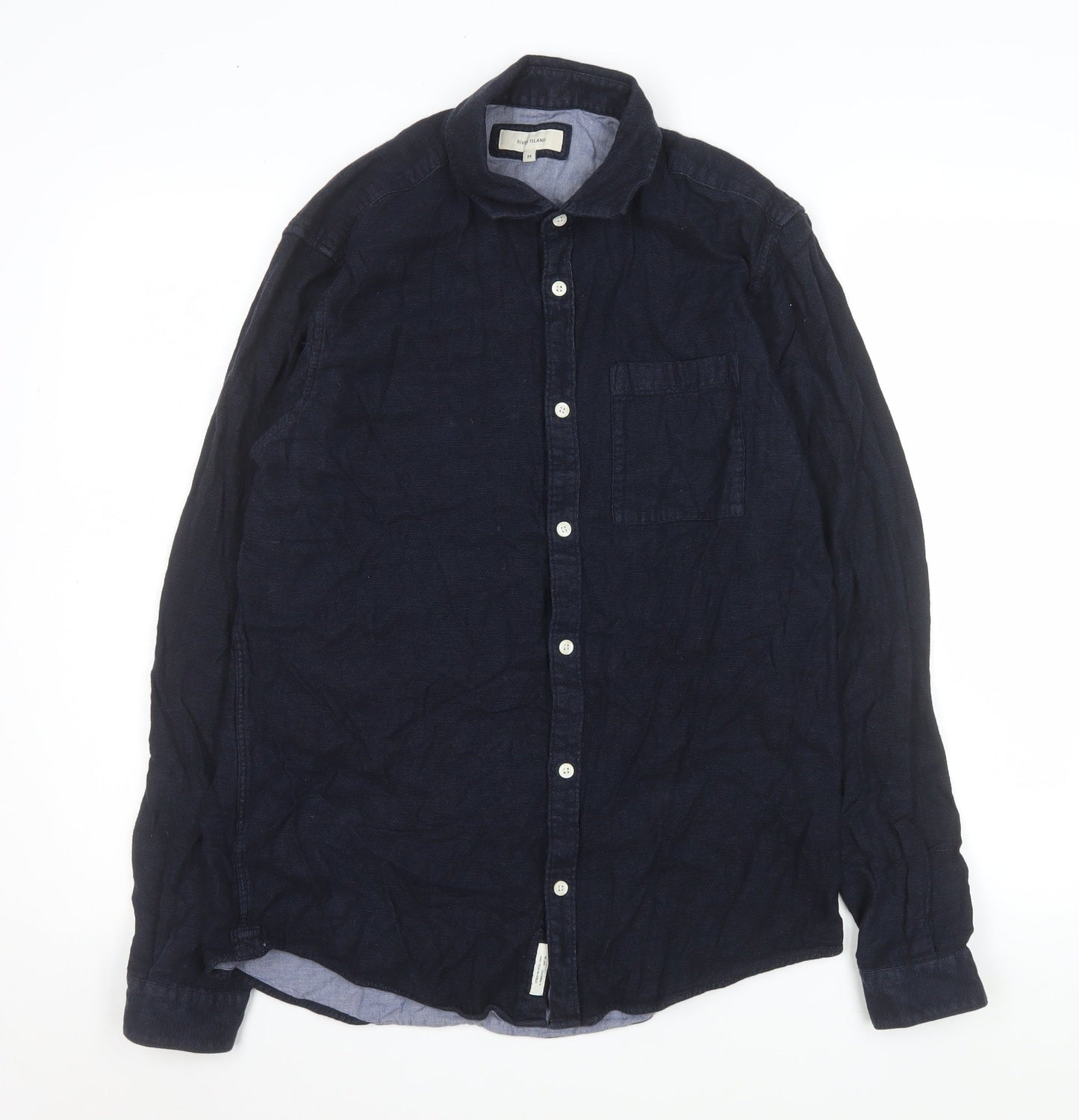 River Island Men's Blue Linen Long Sleeve Button-Up Shirt M