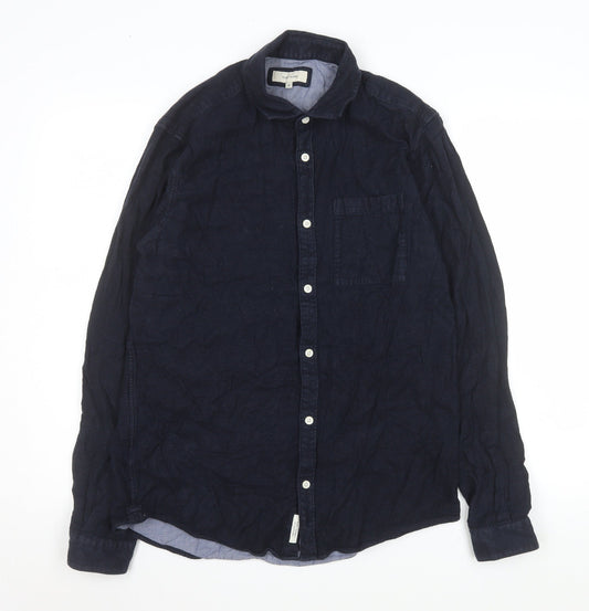River Island Men's Blue Linen Long Sleeve Button-Up Shirt M