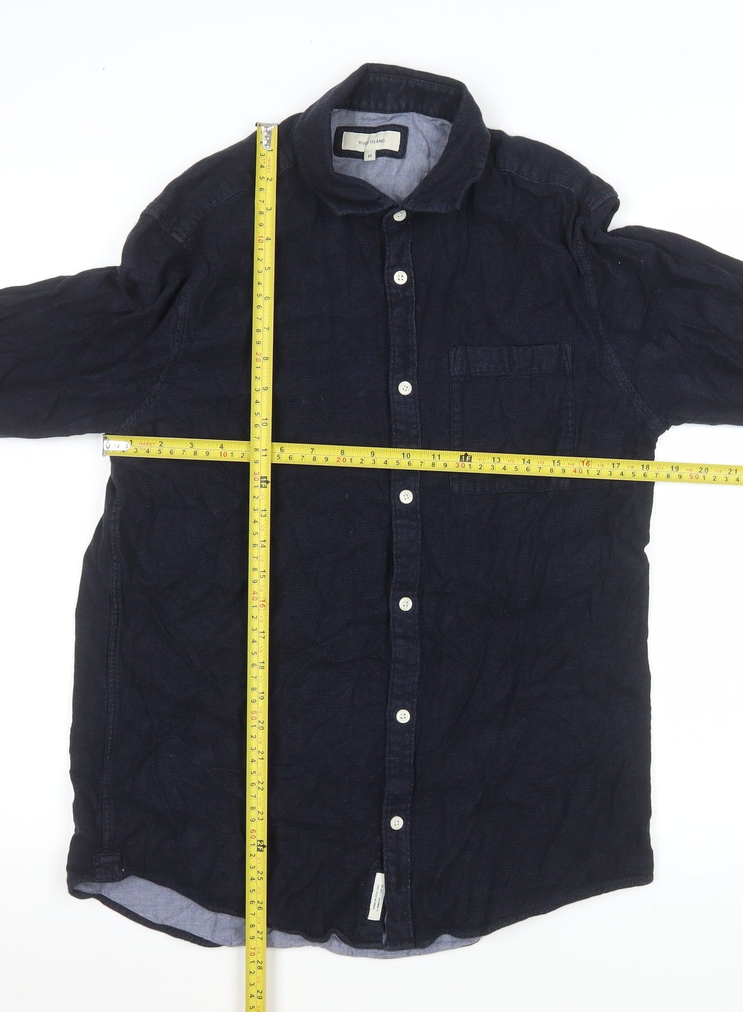 River Island Men's Blue Linen Long Sleeve Button-Up Shirt M