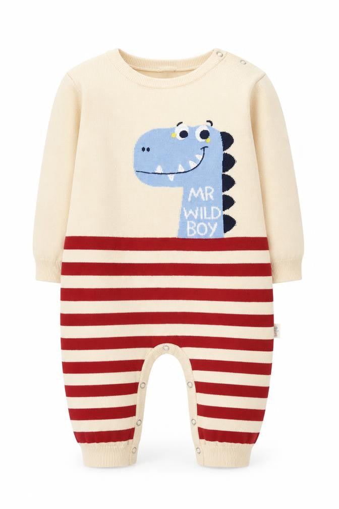 Front view of Baby boys’ beige red striped cotton dinosaur babygrow 12 months