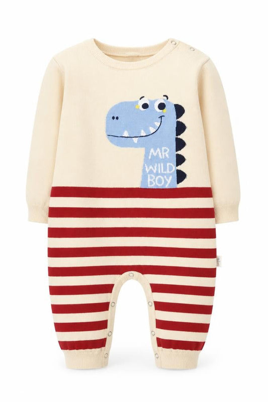 Front view of Baby boys’ beige red striped cotton dinosaur babygrow 12 months