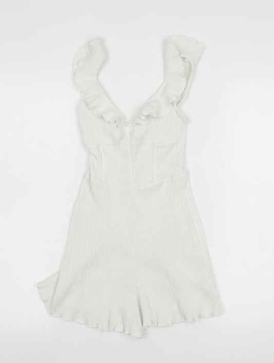 Bershka Women White Ribbed Ruffle Strap Playsuit Size XS Summer Casual