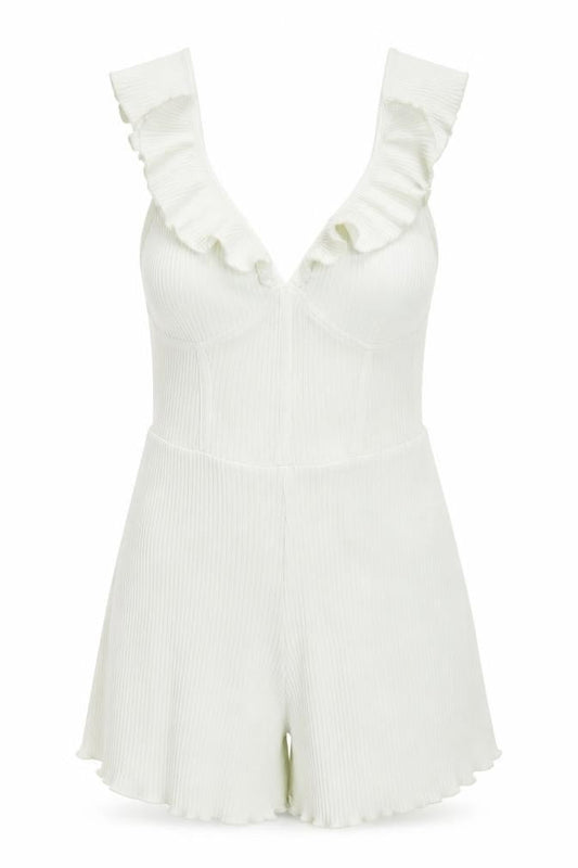 Bershka Women White Ribbed Ruffle Strap Playsuit Size XS Summer Casual