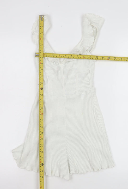 Bershka Women White Ribbed Ruffle Strap Playsuit Size XS Summer Casual