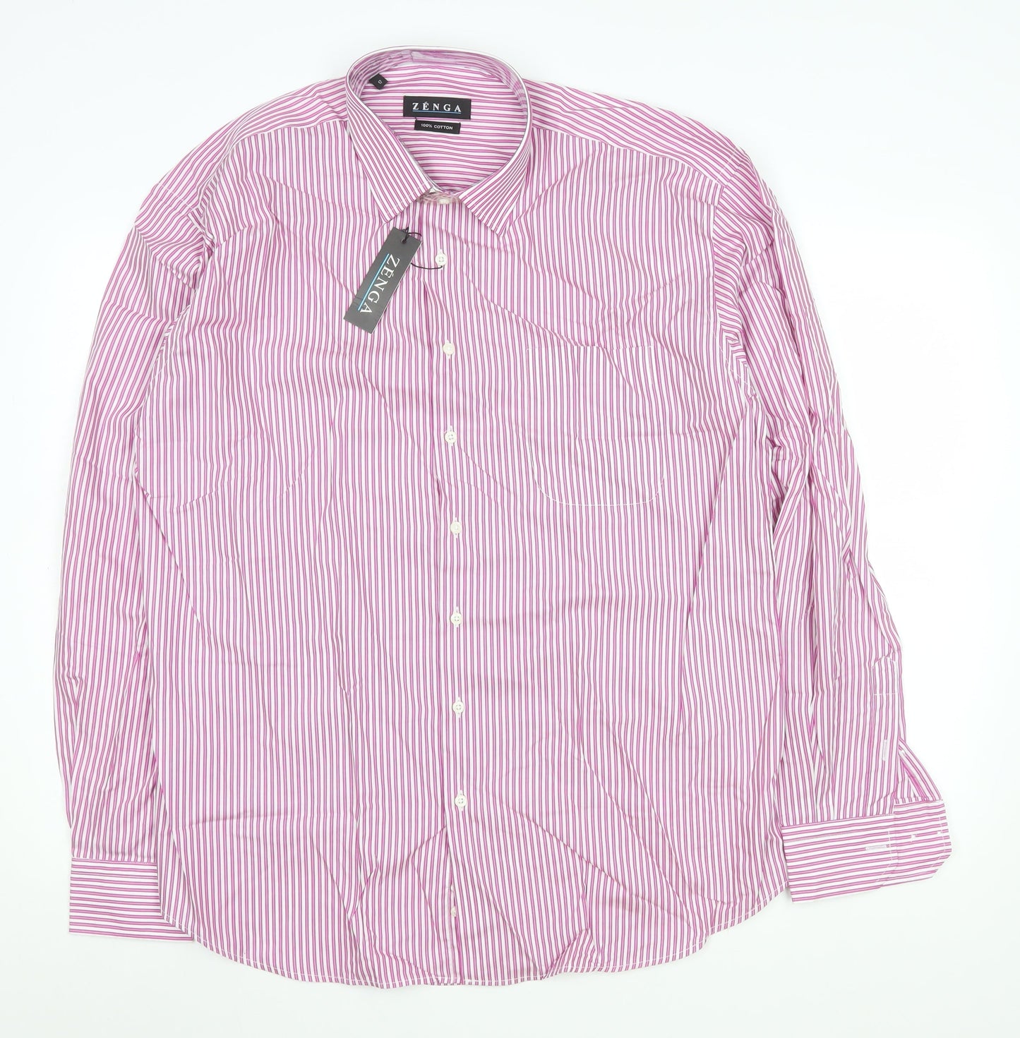 Zenga Men's Pink Striped 100% Cotton Long Sleeve Dress Shirt 17 Regular Fit