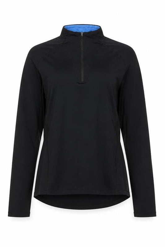 Front view of Asics Women's Black Long Sleeve 1/4 Zip Pullover Sweatshirt, size S