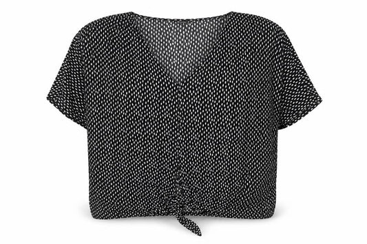 QED London Women's Black White Polka Dot V-Neck Tie Front Blouse M/L