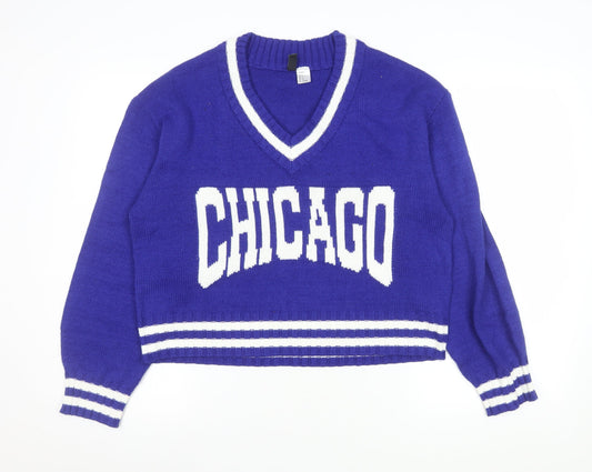 H&M Women Blue V-Neck Chicago Knit Pullover Jumper Size S