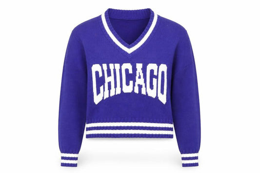 H&M Women Blue V-Neck Chicago Knit Pullover Jumper Size S