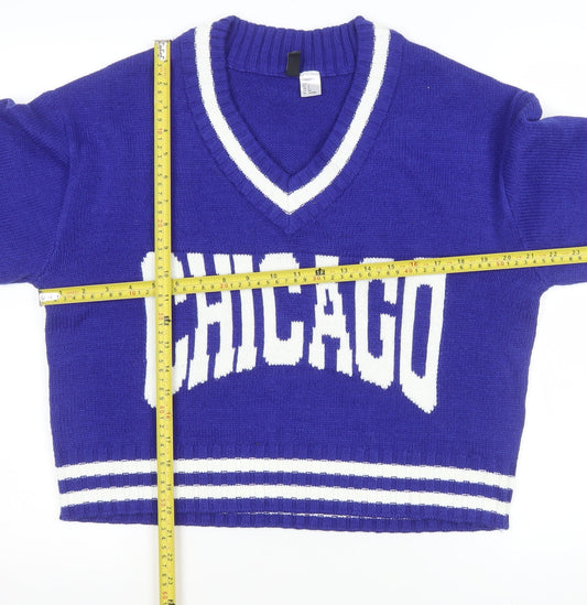 H&M Women Blue V-Neck Chicago Knit Pullover Jumper Size S