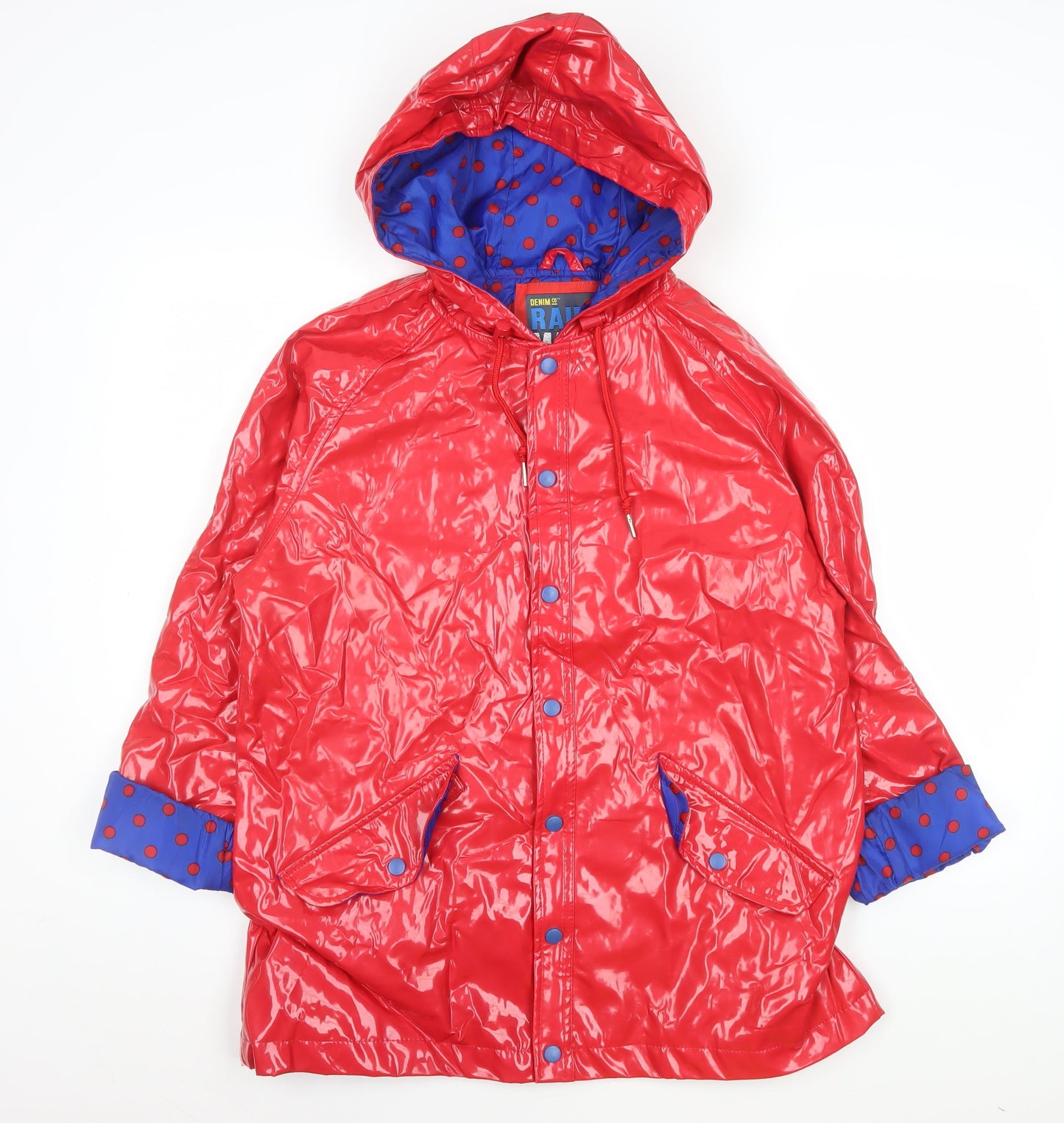 Denim Co Women's Red Waterproof Rain Coat L Hooded Mid-Length