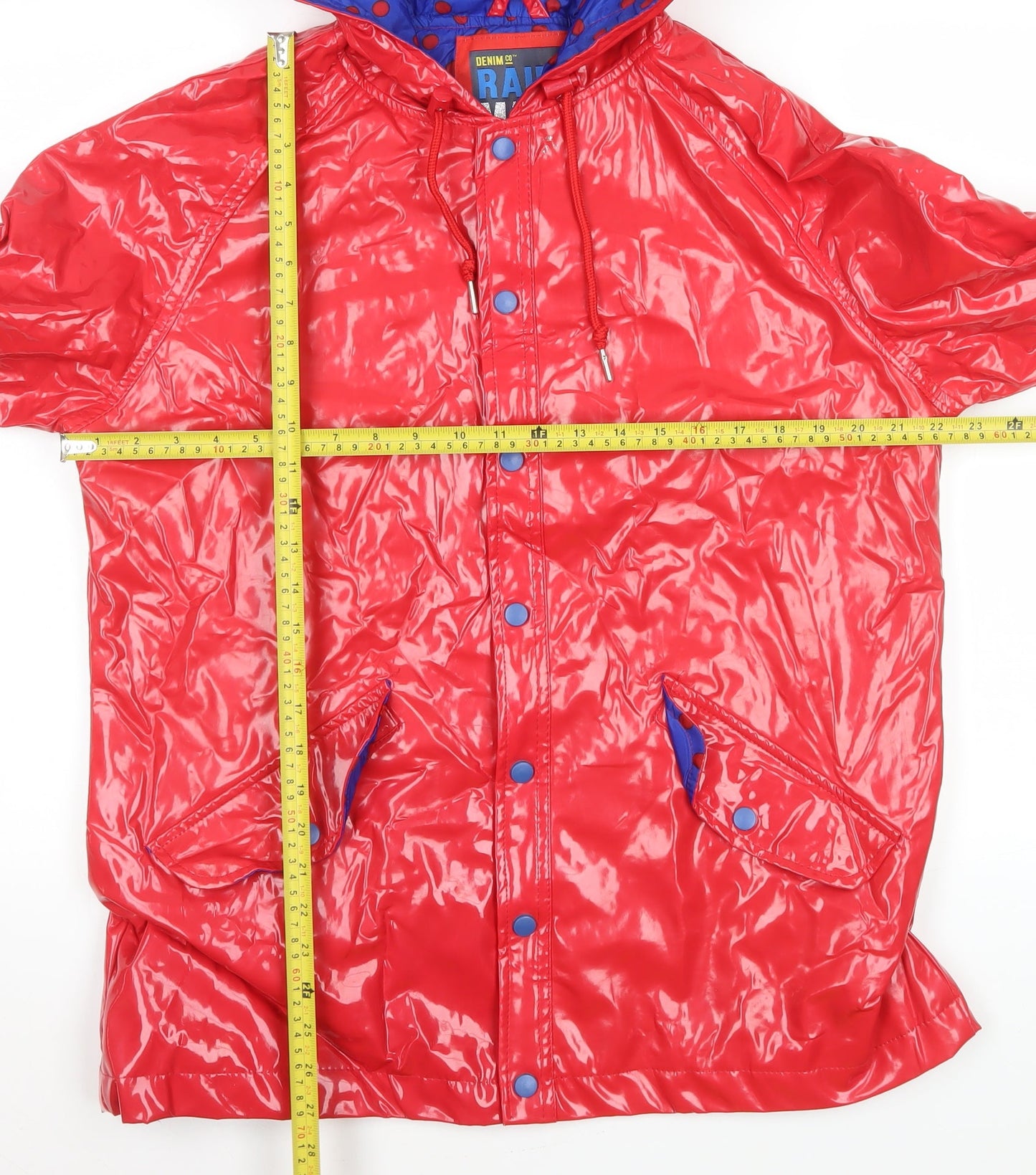 Denim Co Women's Red Waterproof Rain Coat L Hooded Mid-Length