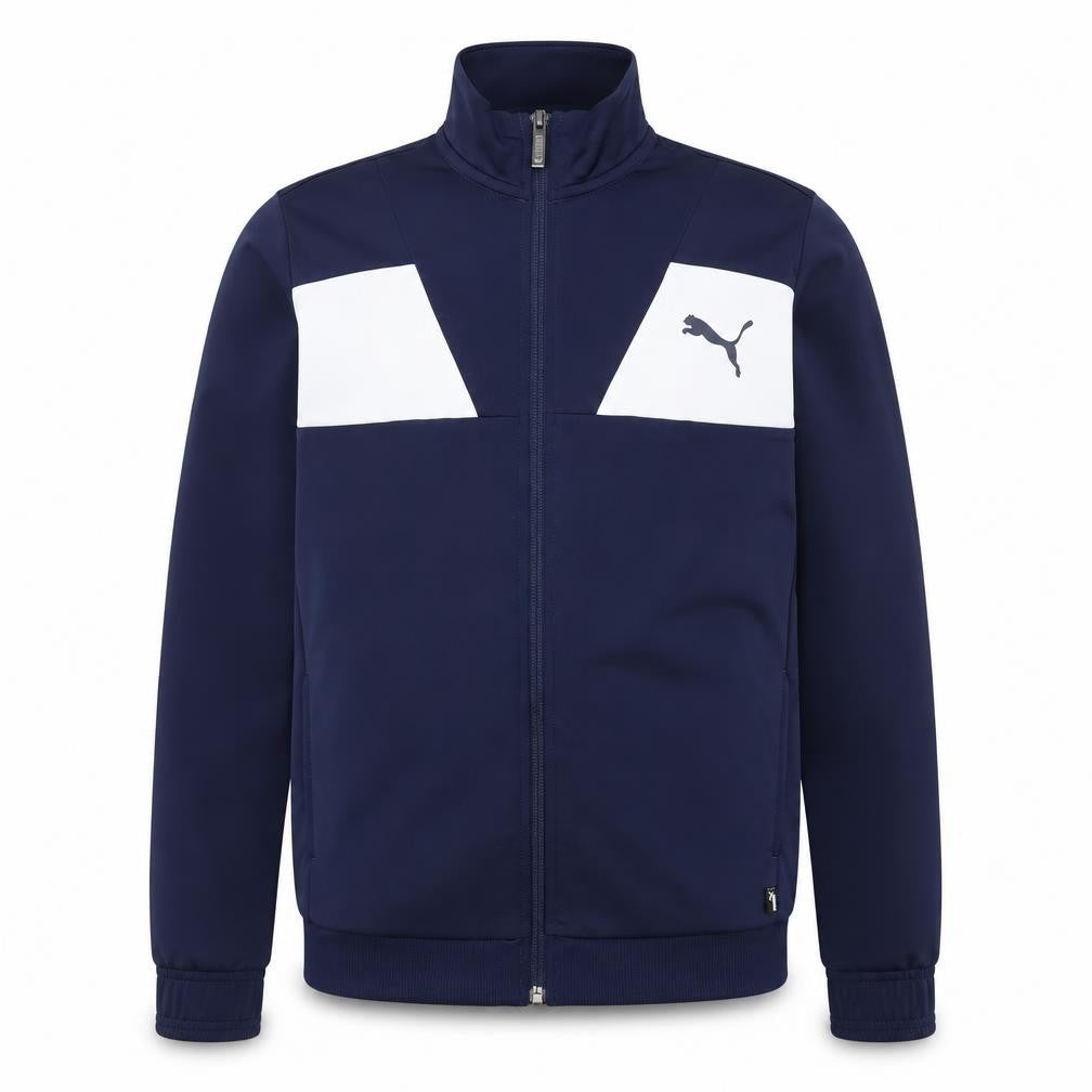 Front view of Puma boys’ blue track jacket 14 years 164 full zip colourblock sports top