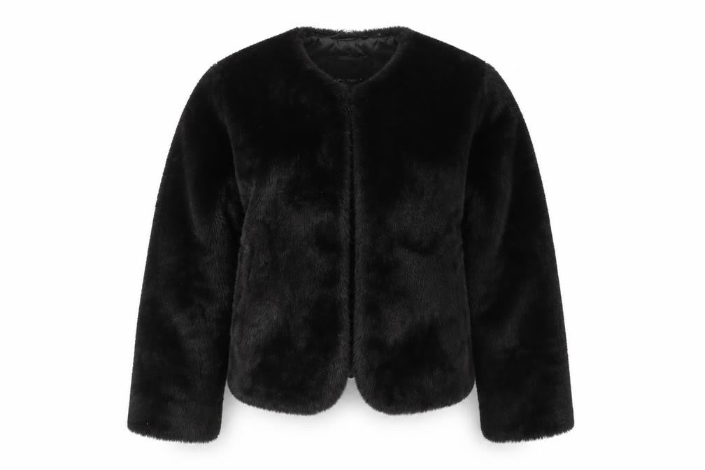 Front view of NAME IT girls’ black faux fur short jacket 6 years lined winter coat