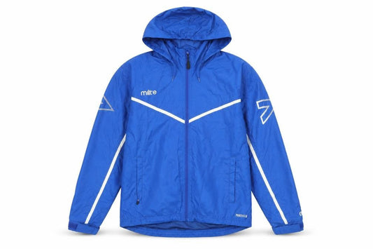 Front view of Mitre boys’ blue windbreaker hooded jacket l lightweight waterproof
