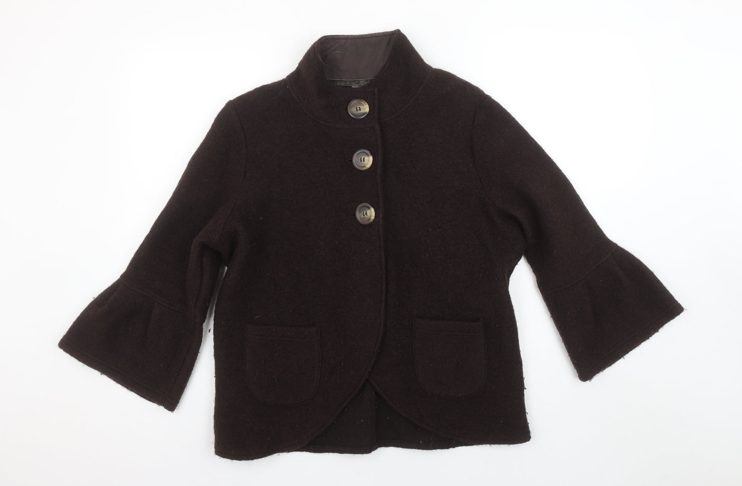 Next Women Brown Wool Blend 3/4 Sleeve Collared Cardigan Size 16
