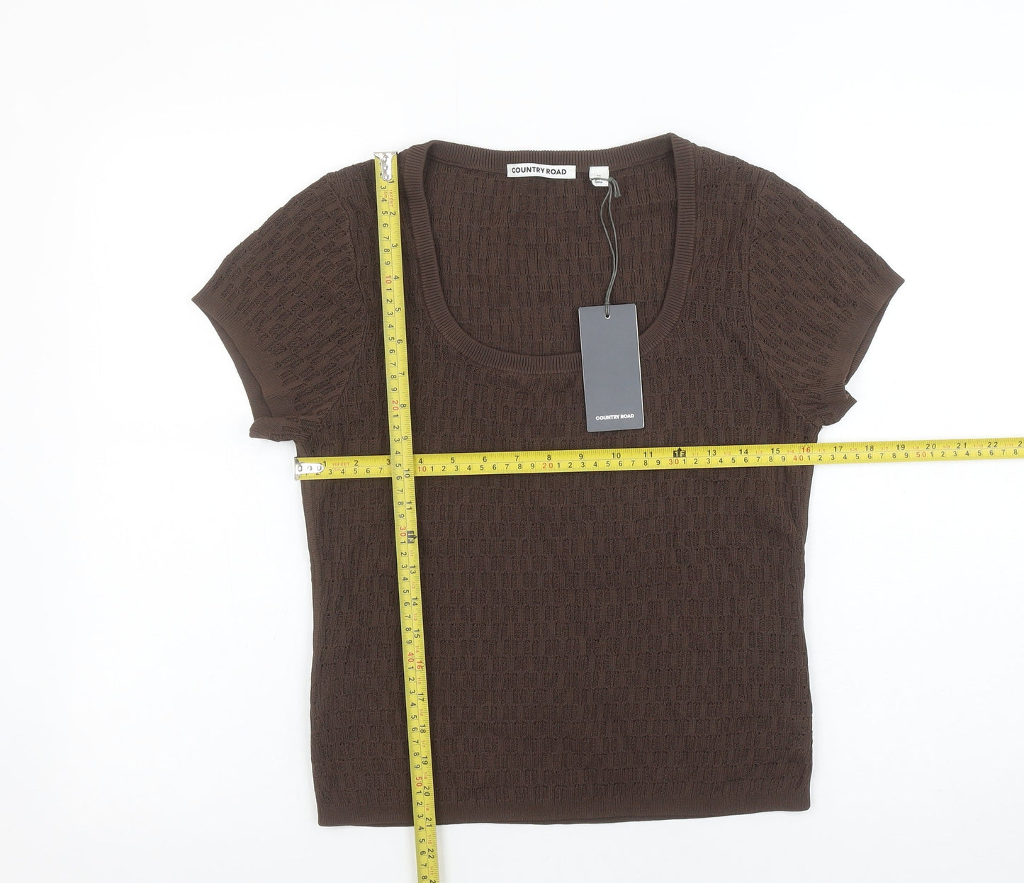 Country Road Women Brown Knit Short Sleeve Scoop Neck Top M