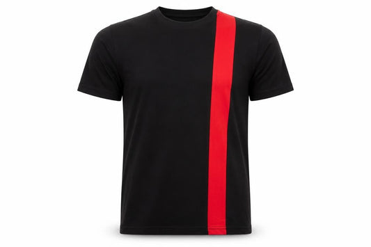 Front view of boohooMAN Men's Black & Red Colourblock Crew Neck T-Shirt, size S