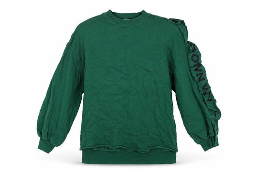 Pull&Bear Women’s Green Sweatshirt S Ruffle Logo Sleeve Crew Neck