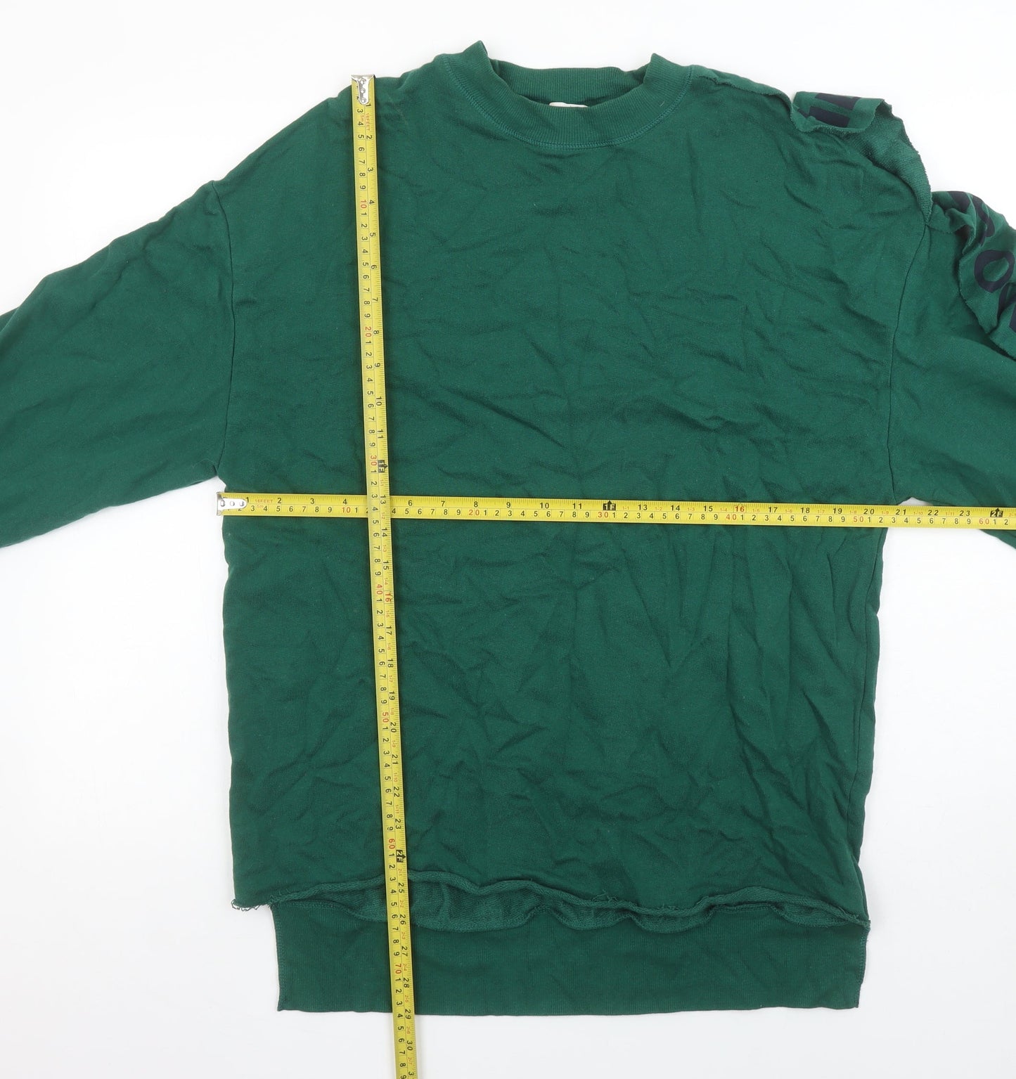 Pull&Bear Women’s Green Sweatshirt S Ruffle Logo Sleeve Crew Neck