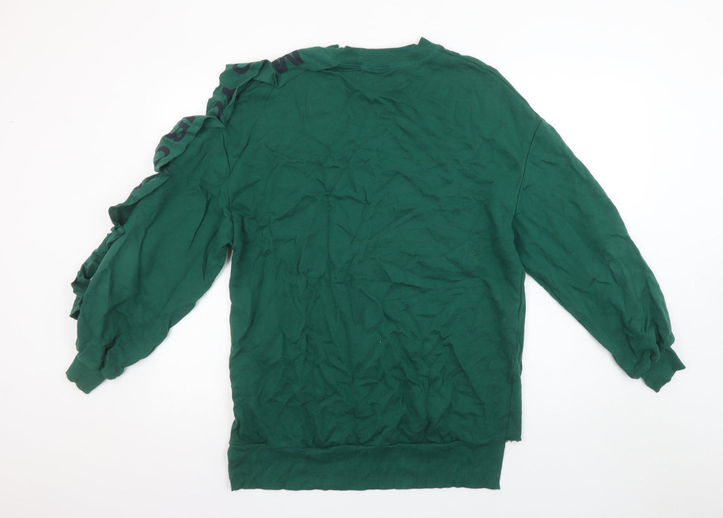 Pull&Bear Women’s Green Sweatshirt S Ruffle Logo Sleeve Crew Neck