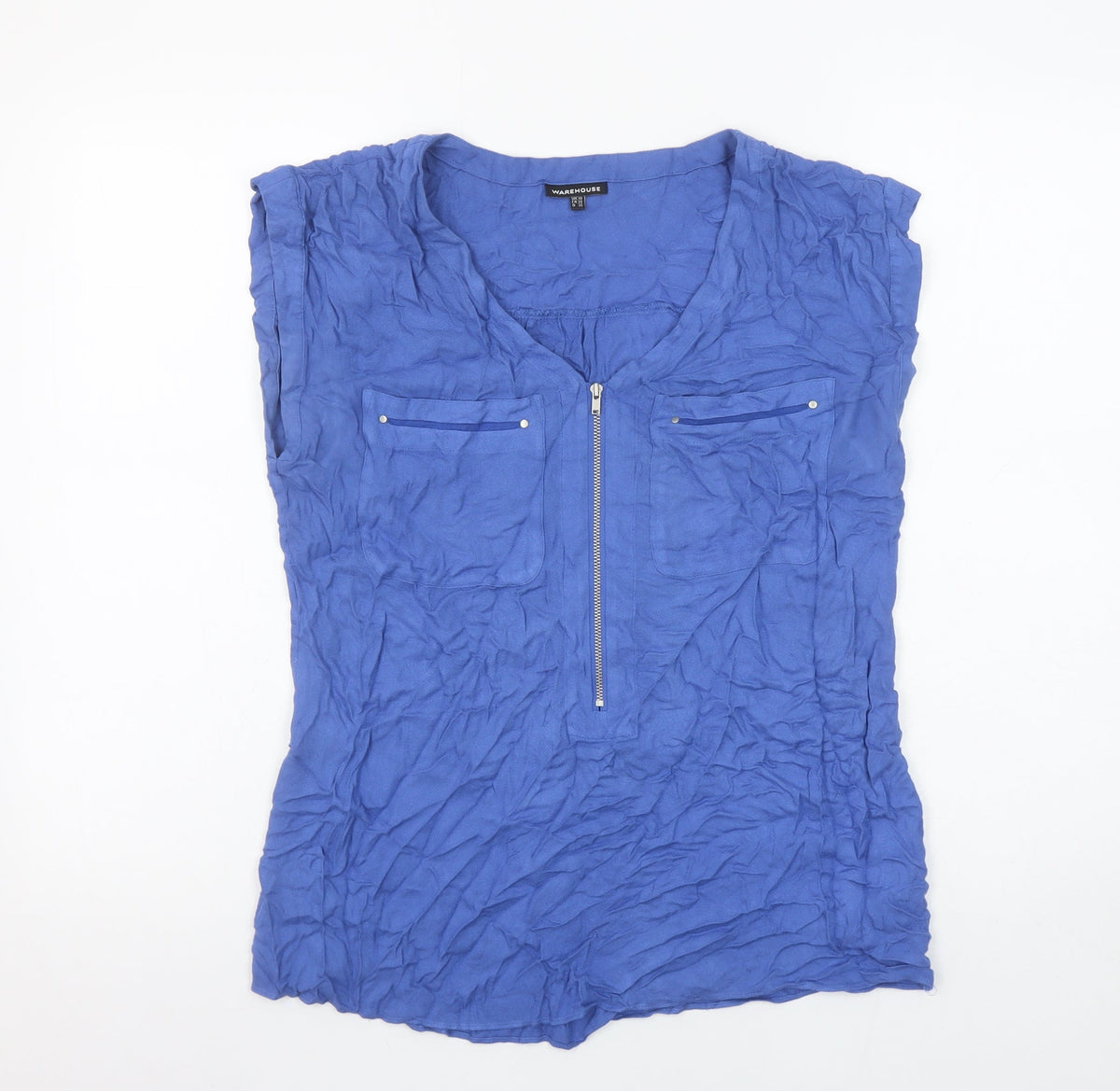 Warehouse Women Blue Zip Front Sleeveless Tunic Blouse Size 10
