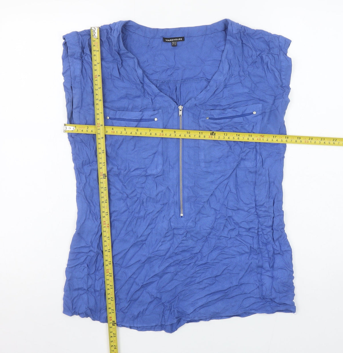 Warehouse Women Blue Zip Front Sleeveless Tunic Blouse Size 10