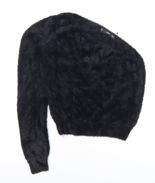 Mango Women Black Faux Fur Long Sleeve Pullover Jumper Size S