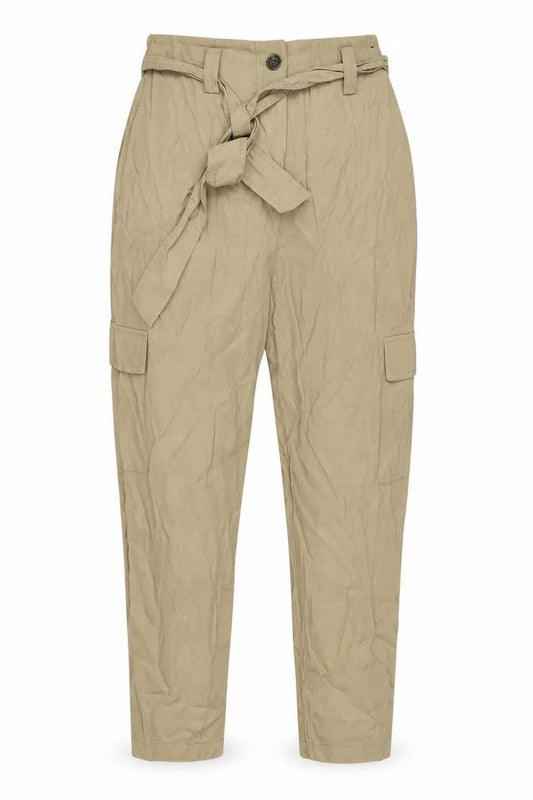 Front view of Dunnes Women’s Beige Cargo Belted High Rise Tapered Trousers, size UK 12