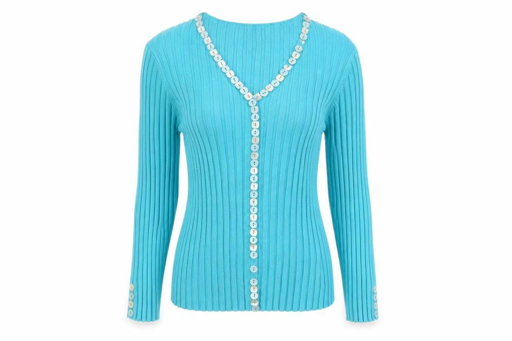 Front view of Gerard Women’s Blue Ribbed V-Neck Button Cardigan, size UK 14
