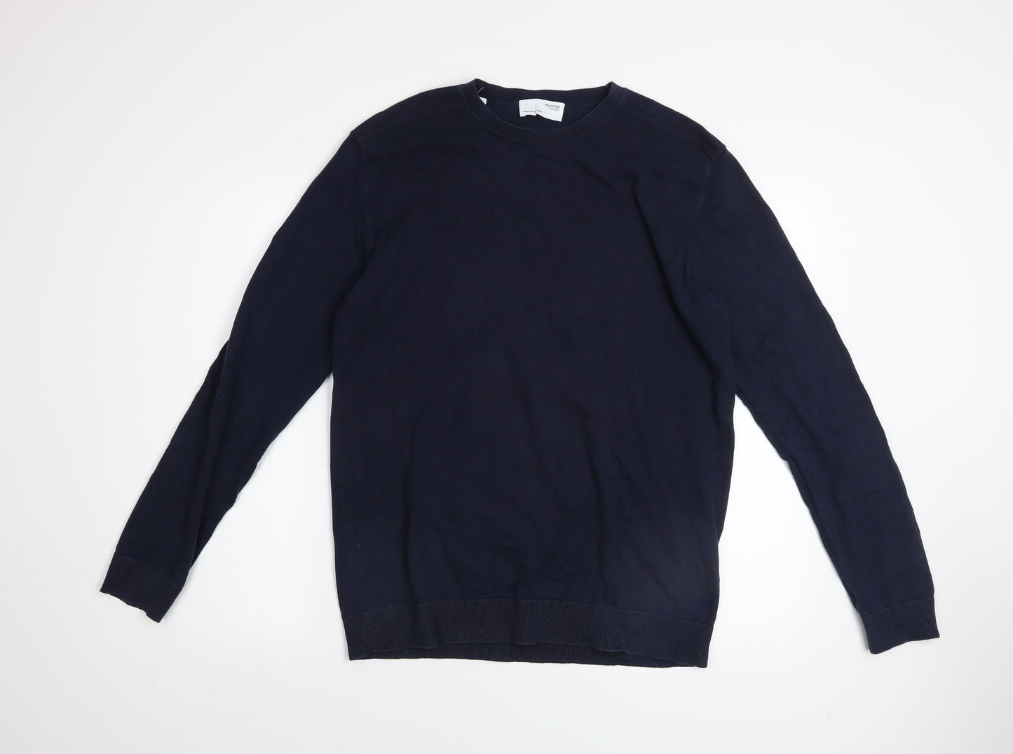 SELECTED HOMME Men's Blue Cotton Crew Neck Jumper Size L Classic Fit