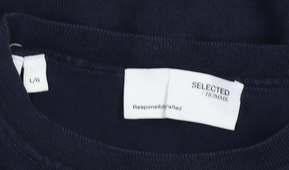 SELECTED HOMME Men's Blue Cotton Crew Neck Jumper Size L Classic Fit