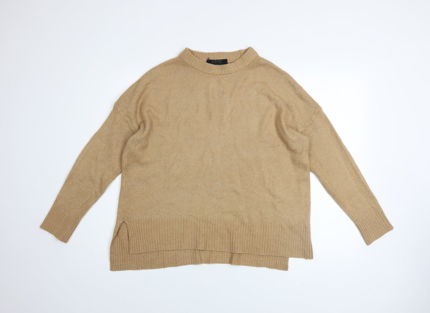 AllSaints Women Beige Mock Neck 100% Merino Wool Jumper UK 8