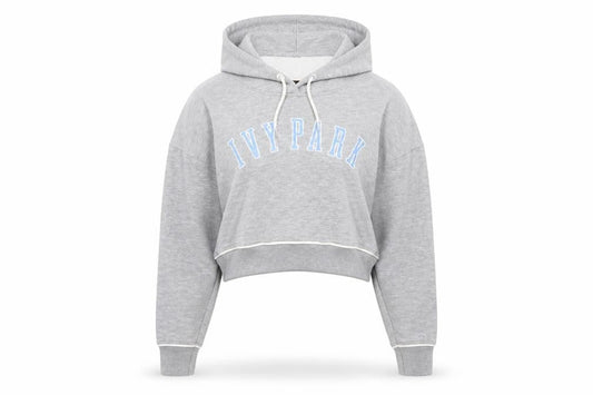 Front view of Ivy Park Women's Grey Cropped Hoodie, size M, Drawstring Pullover