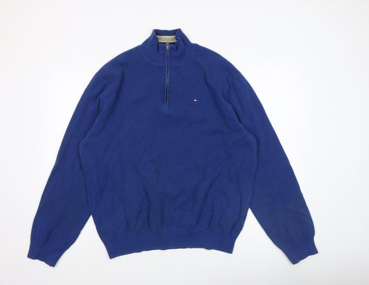 Tommy Hilfiger Men Blue XL Cotton 1/4 Zip Jumper Classic Knitwear