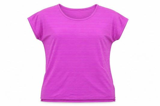Front view of Dunnes women’s purple short sleeve activewear top, size UK 8
